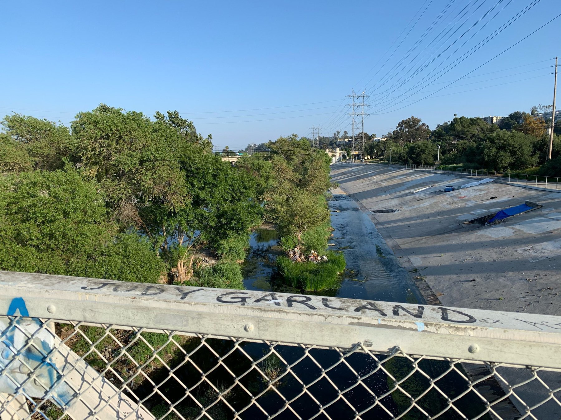 overlooking bridfe railing with Judy Garland written on it with wide blue sky and green trees in the LA river below